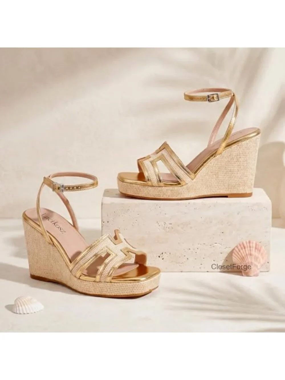 Raffia Platform Wedge Sandals Open Toe Ankle Strap Geometric Cutout Dressy